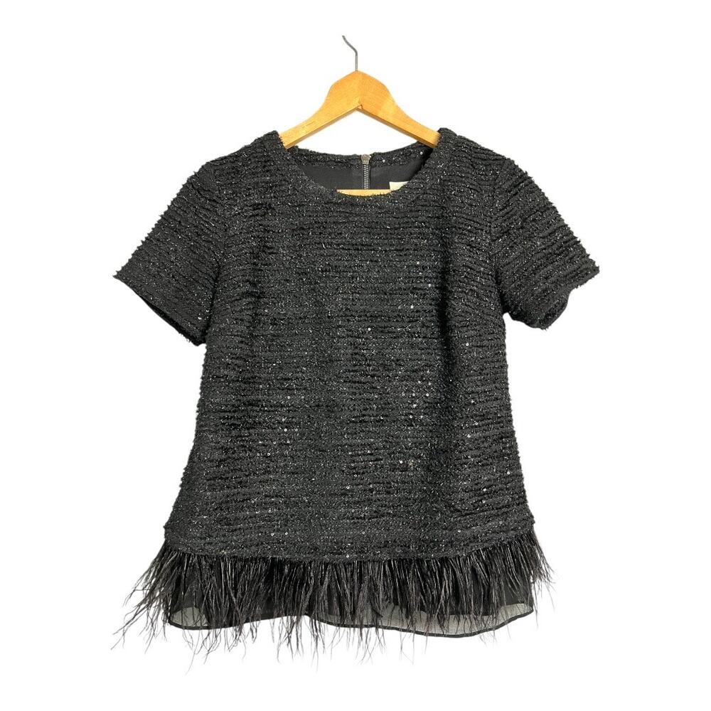 Cocktail Blouse Shirt Top Feather Trim Black Party Formal Holiday Deletta Small
